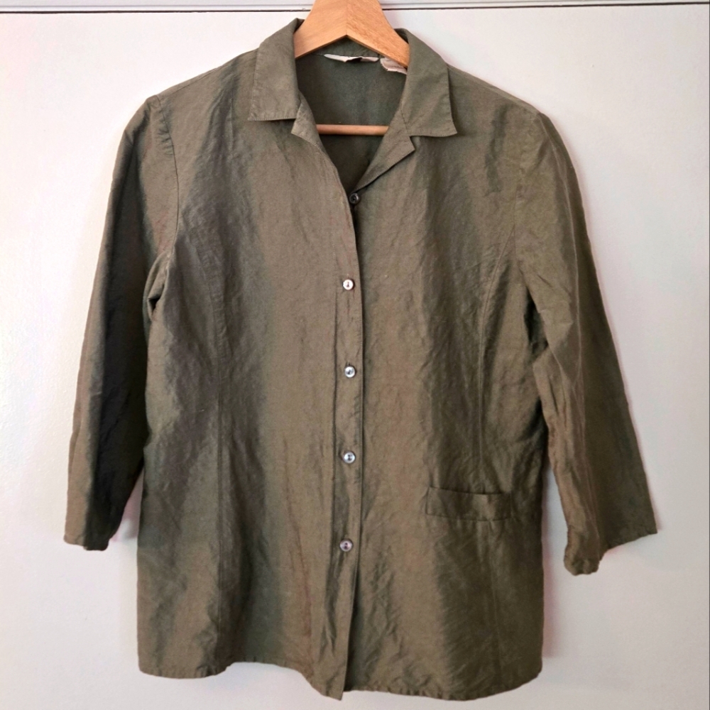 J. Jill 100% Silk Button Down Green Shirt